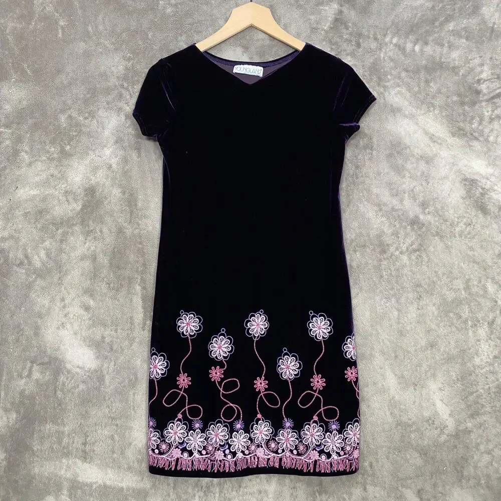 Vintage 90s Girls Dress Size 14 Deep Purple Velvet Embroidered‎ Flowers Y2K